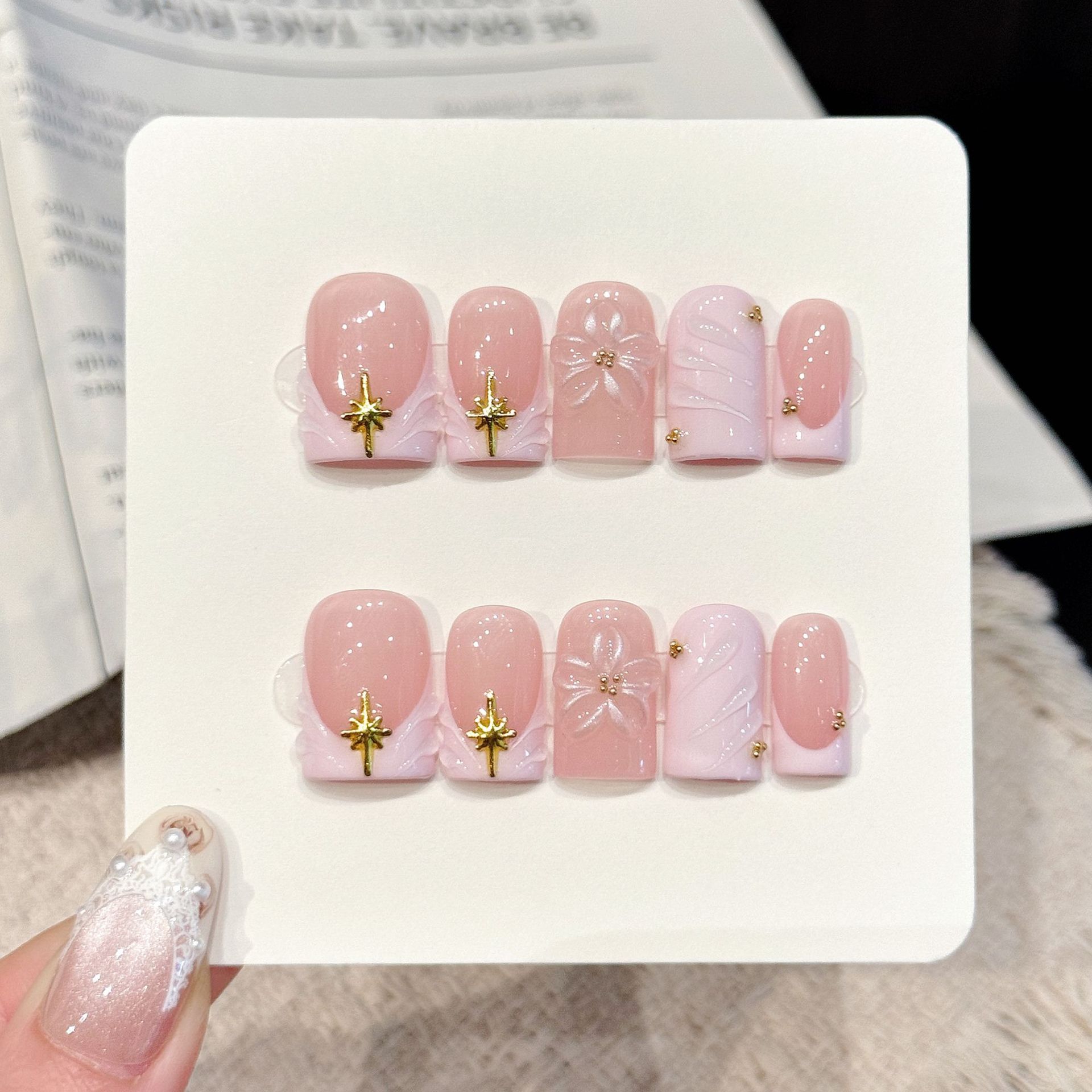 Nail Art Pink Soft - 10pcs Handmade Nails Starry Pink Powder